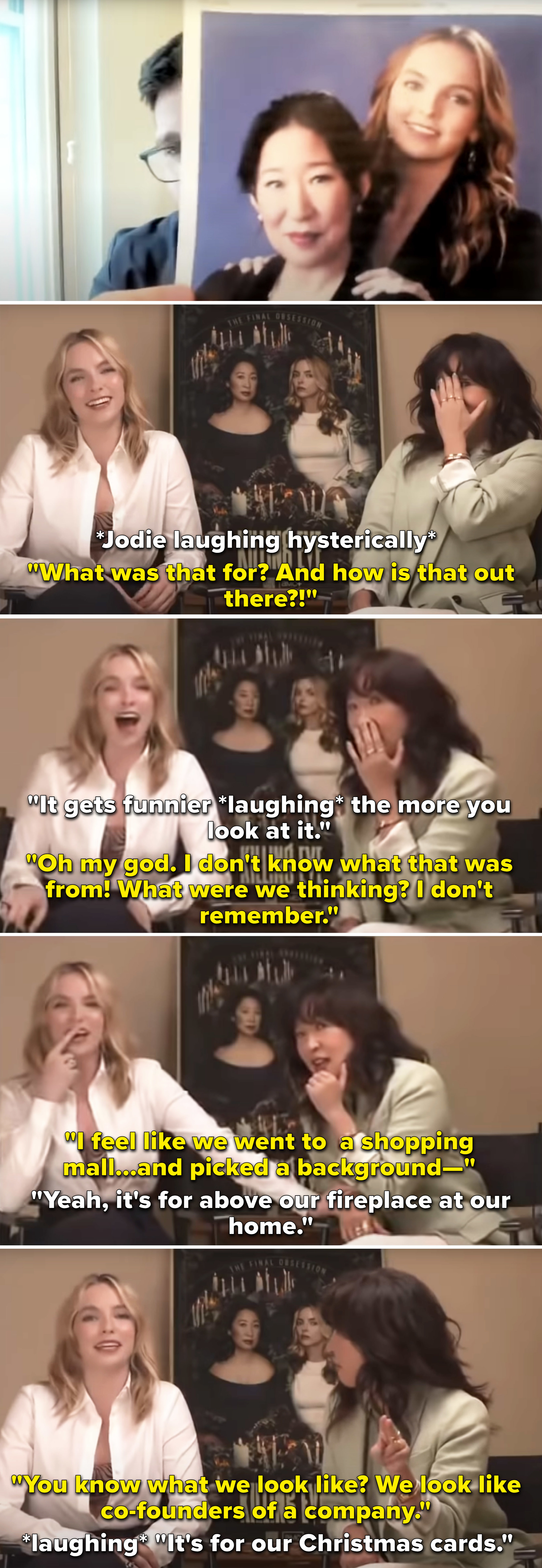 Jodie Comer and Sandra Oh discussing and laughing at an old picture of themselves