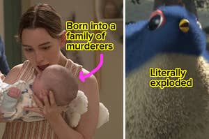 love quinn from you holding baby henry on the left with the text born into a family of murderers and the exploding bird from shrek on the right