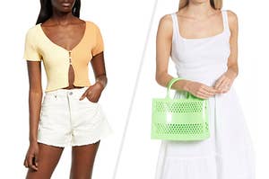 On the left a woman wearing a cropped cardigan and on the right a woman holding a plastic purse