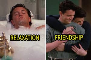 chandler from friends relaxing in the bath on the left and chandler and joey hugging on the right