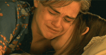 Leonardo DiCaprio as Romeo crying in Romeo + Juliet