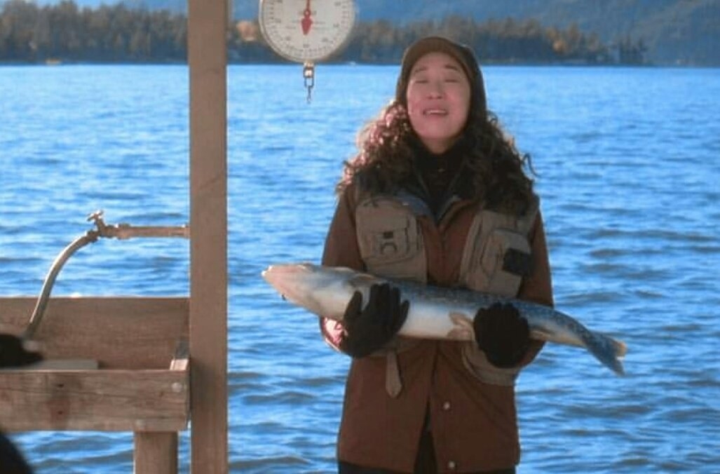 Cristina holding a huge fish in Grey&#x27;s Anatomy
