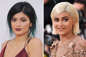 kylie jenner with blue hair on the left and blonde hair on the right