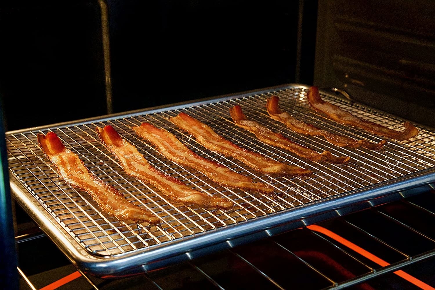 bacon on the pan in the oven