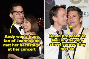Andy Samberg and Joanna Newsom with text about Andy meeting her backstage as a big fan, and Neil Patrick Harris and David Burka with text about David proposing on the street corner they met on