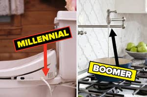 "Millennial" in a box with arrow pointing to a bidet toilet seat, and "Boomer" in a box with an arrow pointing to a stovetop pot filler