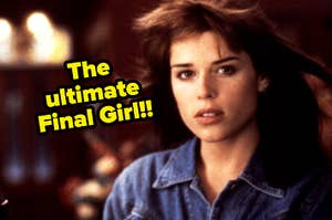 A close up of Sidney Prescott as her hair blows in the wind