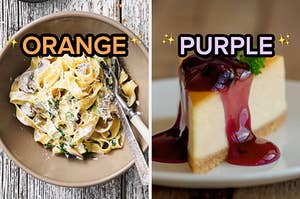On the left, a bowl of Alfredo pasta labeled orange, and on the right, a slice of cheesecake topped with blueberry sauce labeled purple