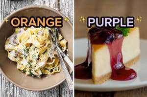 On the left, a bowl of Alfredo pasta labeled orange, and on the right, a slice of cheesecake topped with blueberry sauce labeled purple