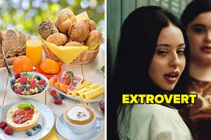 On the left, a table with bread, granola, drinks, and eggs, and on the right, Maddy from Euphoria labeled extrovert