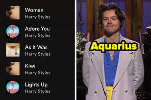 On the left, a screenshot of a Spotify playlist filled with Harry Styles songs, and on the right, Harry Styles standing on the SNL stage labeled Aquarius