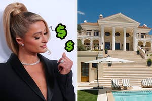 paris hilton on the left wearing a huge engagement ring and a spanish villa with a pool on the right