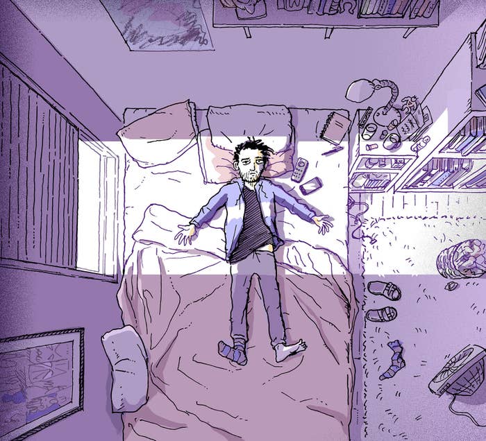 illustration of a young man laying in bed, exhausted