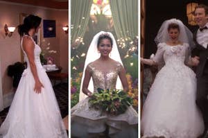 Monica's first wedding dress on "Friends", Araminta's wedding dress in "Crazy Rich Asians", and Toula's wedding dress in "My Big Fat Greek Wedding"