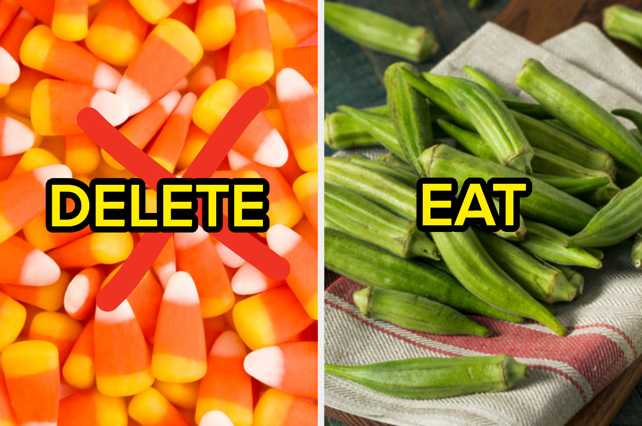 Candy corn with the word &quot;delete&quot;; okra with the word &quot;eat&quot;