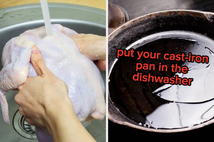 Washing a chicken; a cast-iron skillet