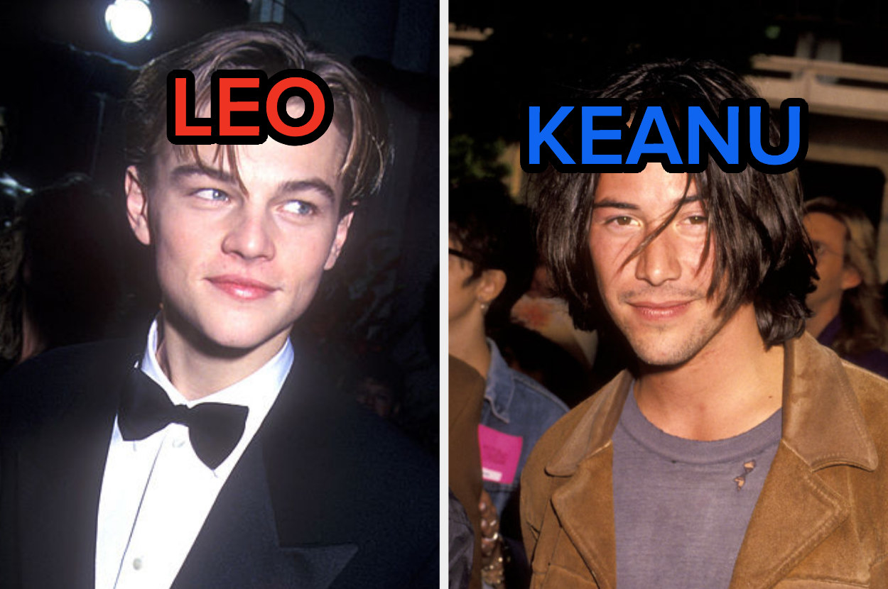 Leonardo DiCaprio in a tux; Keanu Reeves smiling