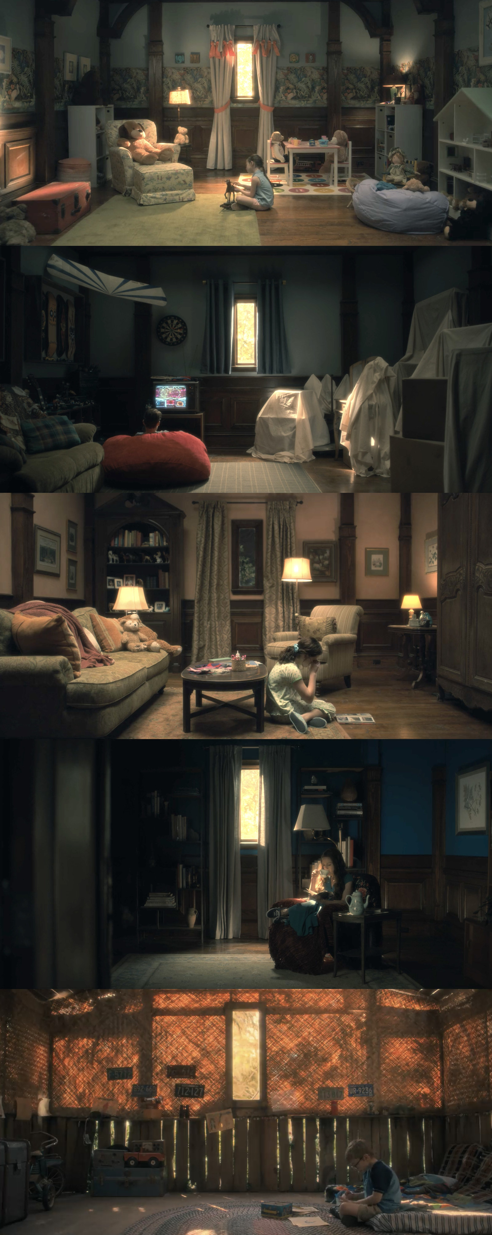 different scenes of the house with dim light and fabric covering the furniture