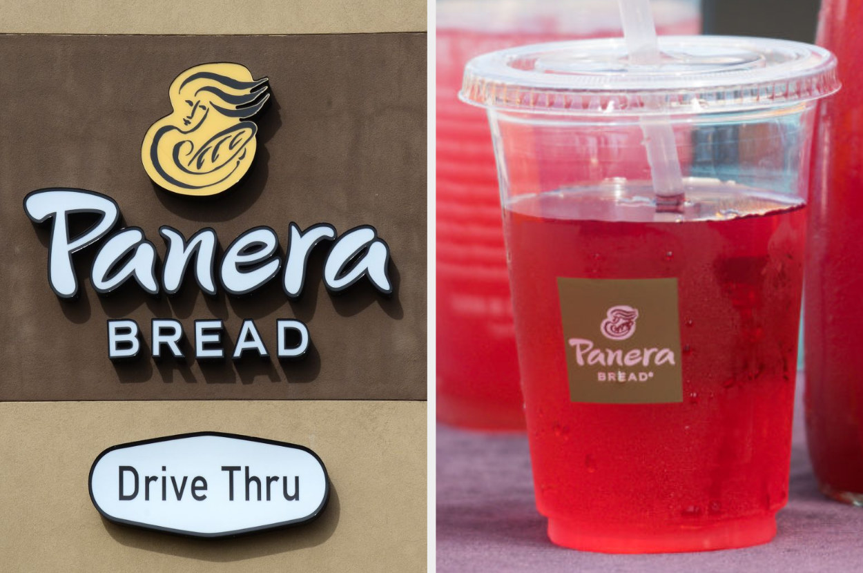 Panera Bread Drive-Thru sign; a drink from Panera Bread