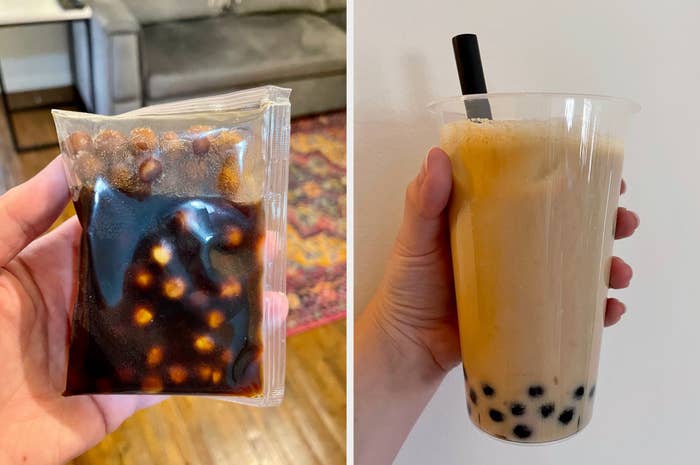 Two images: one of the writer holding up an unopened pack of boba, and the second of a boba in a glass of vanilla almond milk