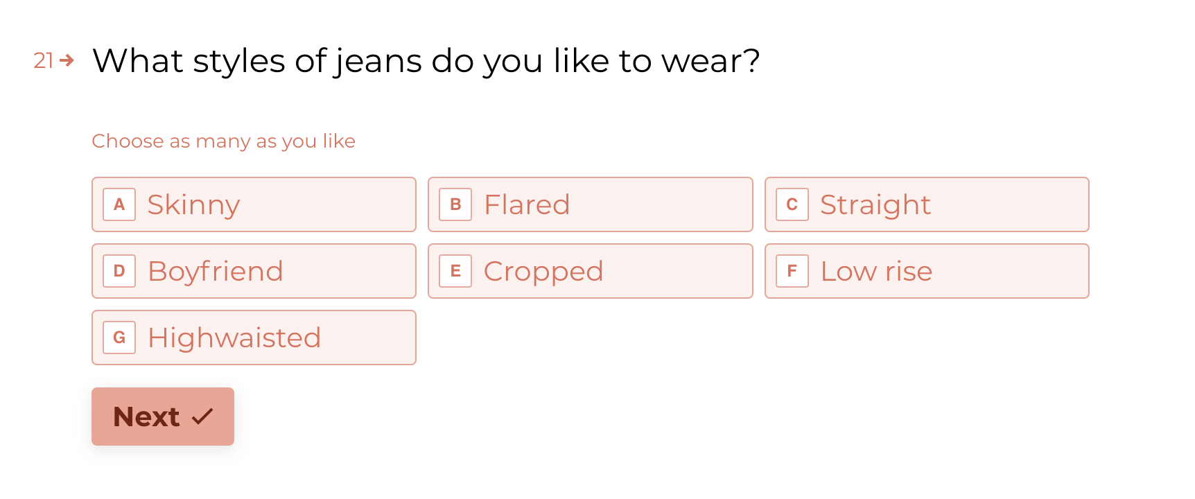 The question &quot;What style of jeans do you like to wear&quot; with multiple options listed