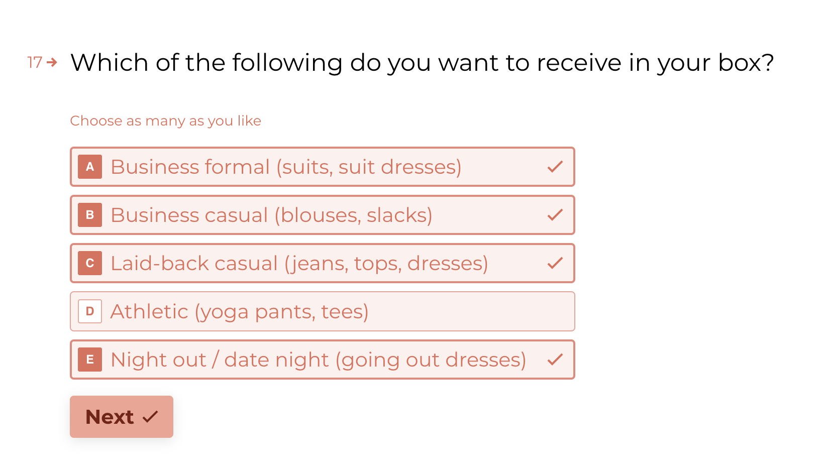 The question &quot;Which of the following do you want to receive in your box?&quot; with several options