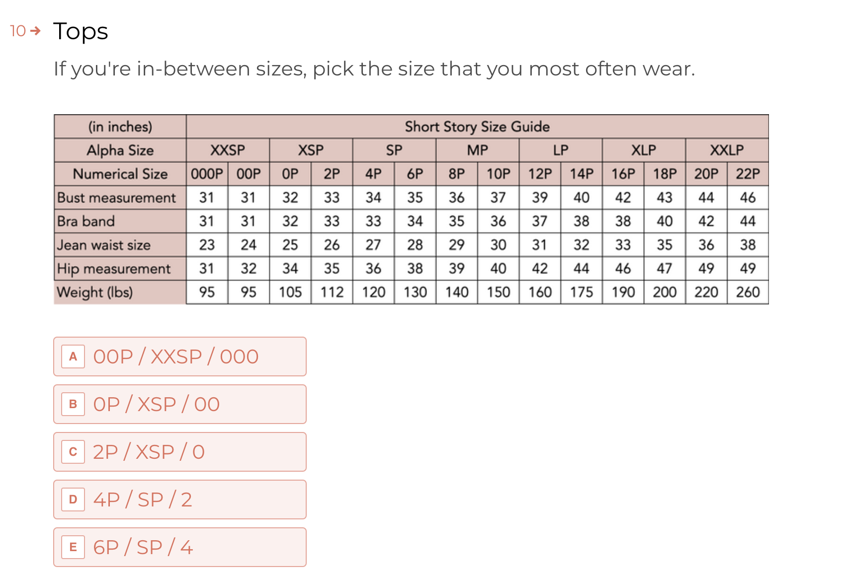 Short Story Size Guide