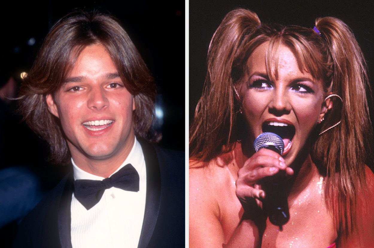Ricky Martin in a tux; Britney Spears singing into a mic