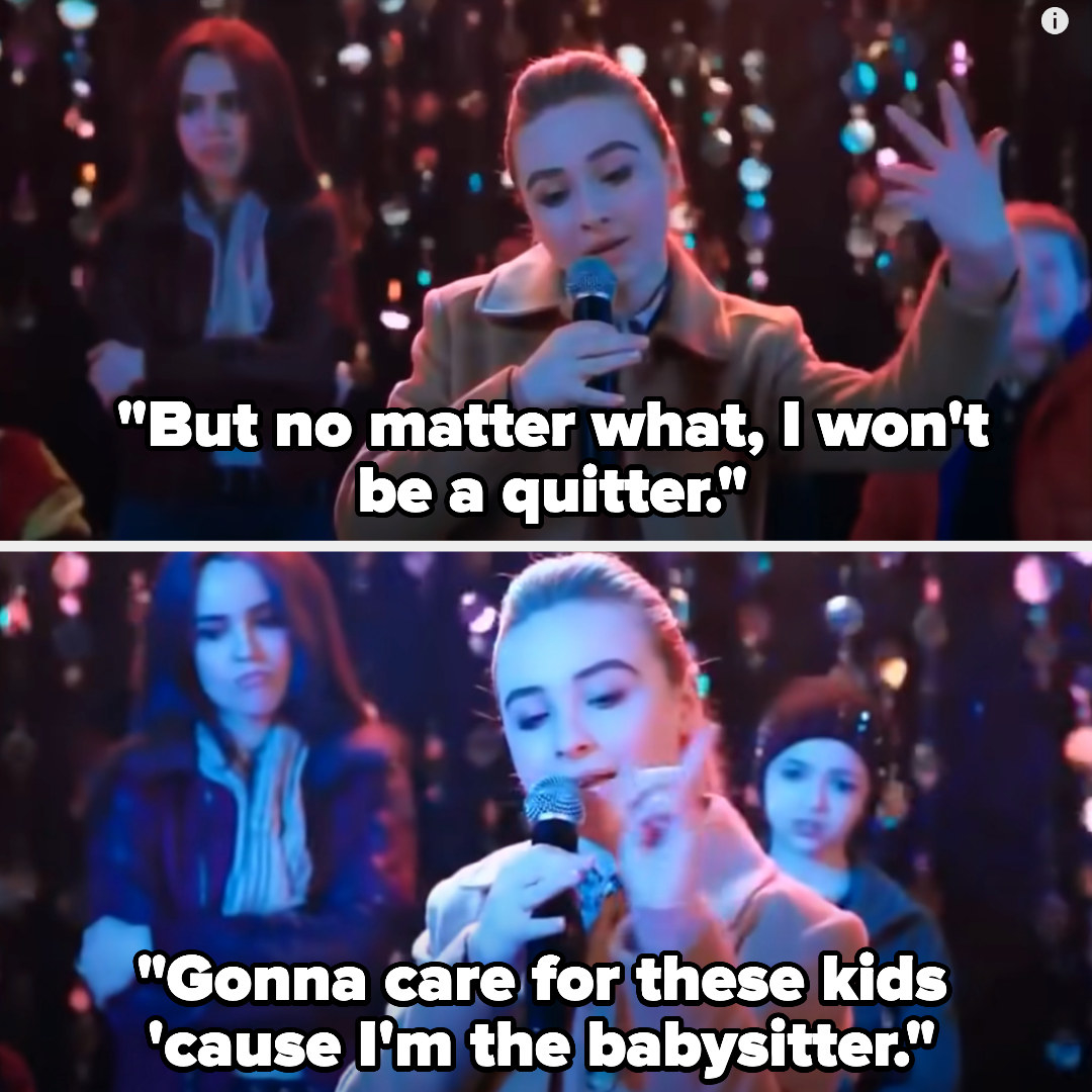 Sabrina Carpenter raps &quot;but no matter what, i won&#x27;t be a quitter, gonna care for these kids &#x27;cause i&#x27;m the babysitter&quot; while waving her hand around