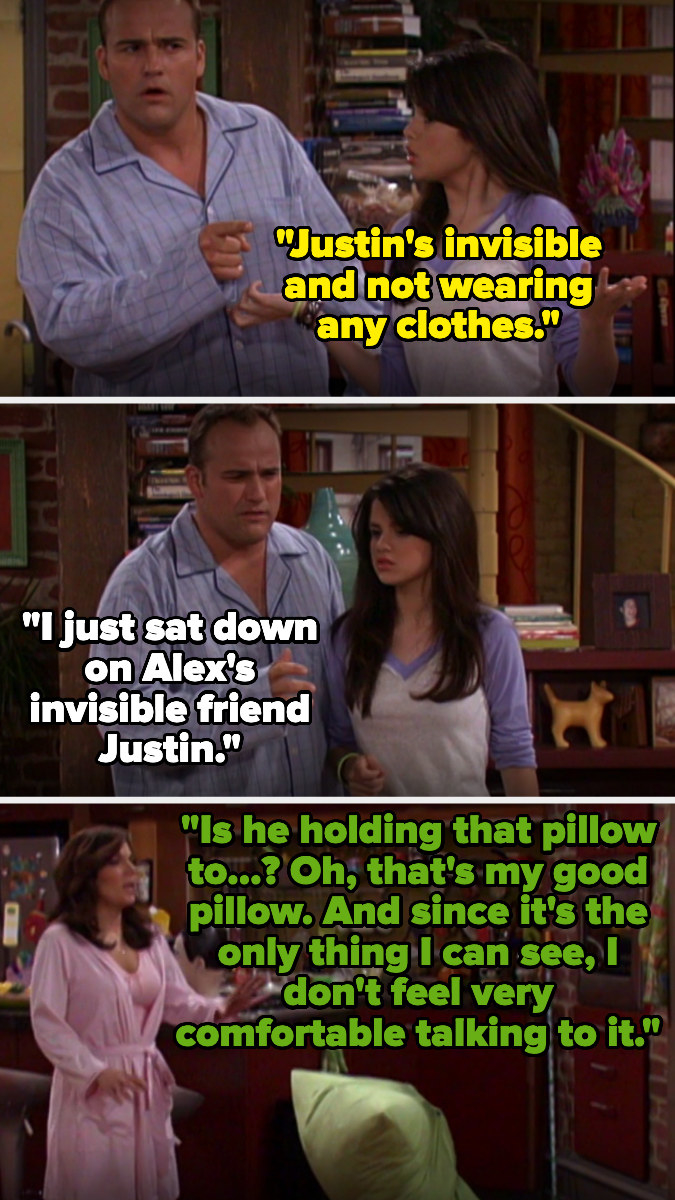 alex and justin&#x27;s dad says alex&#x27;s friend is invisible and naked and he sat down on him, and their mom asking if he&#x27;s holding a pillow over his crotch then saying she doesn&#x27;t feel comfortable talking to it