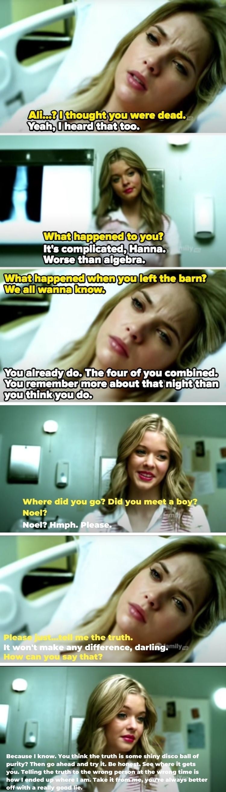 Ali visiting Hanna in the hospital to tell her that lying is sometimes better than the truth