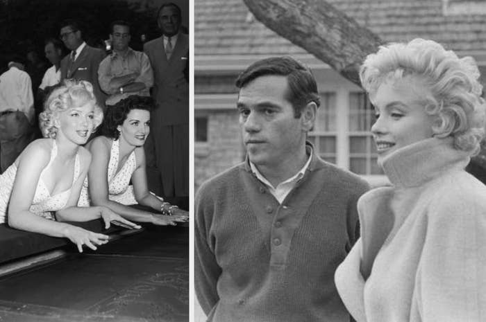 Marilyn Monroe and Jane Russell leave their handprints in wet cement in front of Grauman&#x27;s Chinese Theatre on June 26, 1953,  Milton Greene and Marilyn Monroe are pictured outside of Marilyn&#x27;s home with in 1956