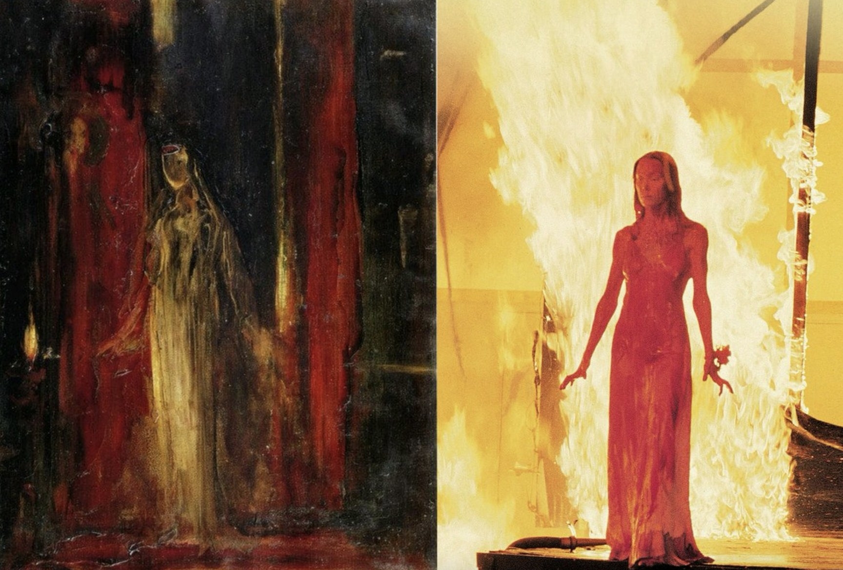 Carrie in the same pose as the painting