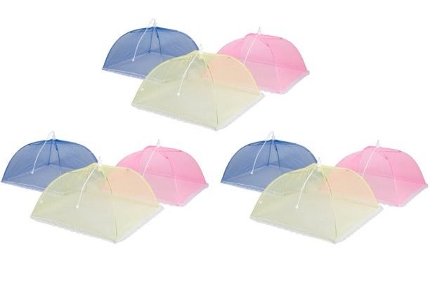 Blue, yellow, and pink food net domed covers