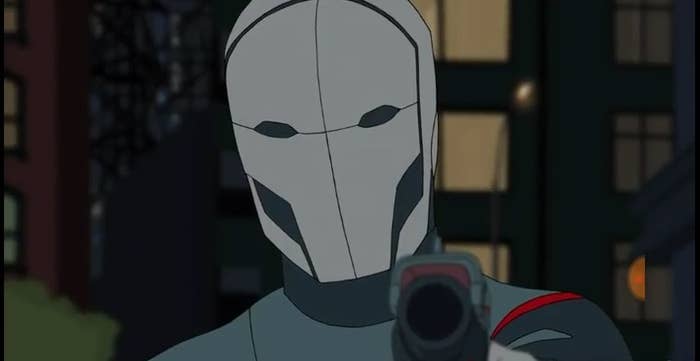 The Chameleon holding a gun up in &quot;Marvel&#x27;s Spider-Man&quot; (2017)