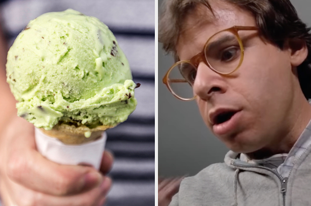 A mint chocolate chip cookie ice cream cone is on the left with Wayne from "Honey, I Shrunk the Kids" on the right