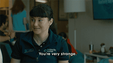 A woman with bangs says, &quot;You&#x27;re very strange&quot;.