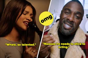 Zendaya is on the left singing into the mic, and Idris is on the right rapping to the camera.
