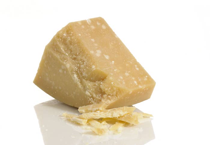 A block of Parmesan cheese.