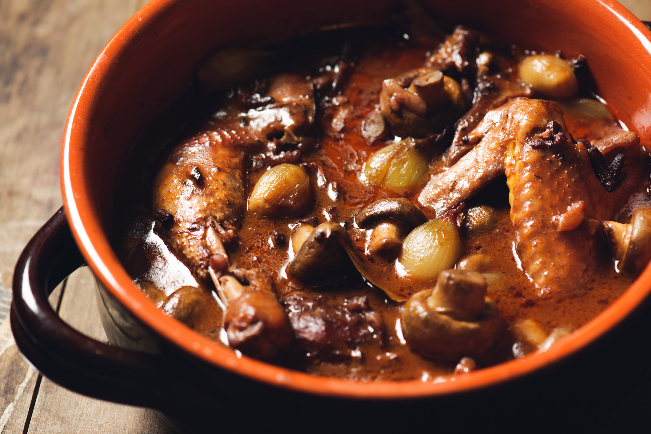 A pot with French coq au vin.
