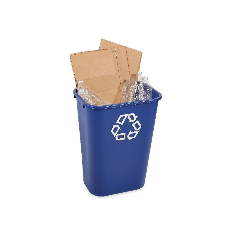 the blue recycling bin with cardboard and plastic water bottles in it