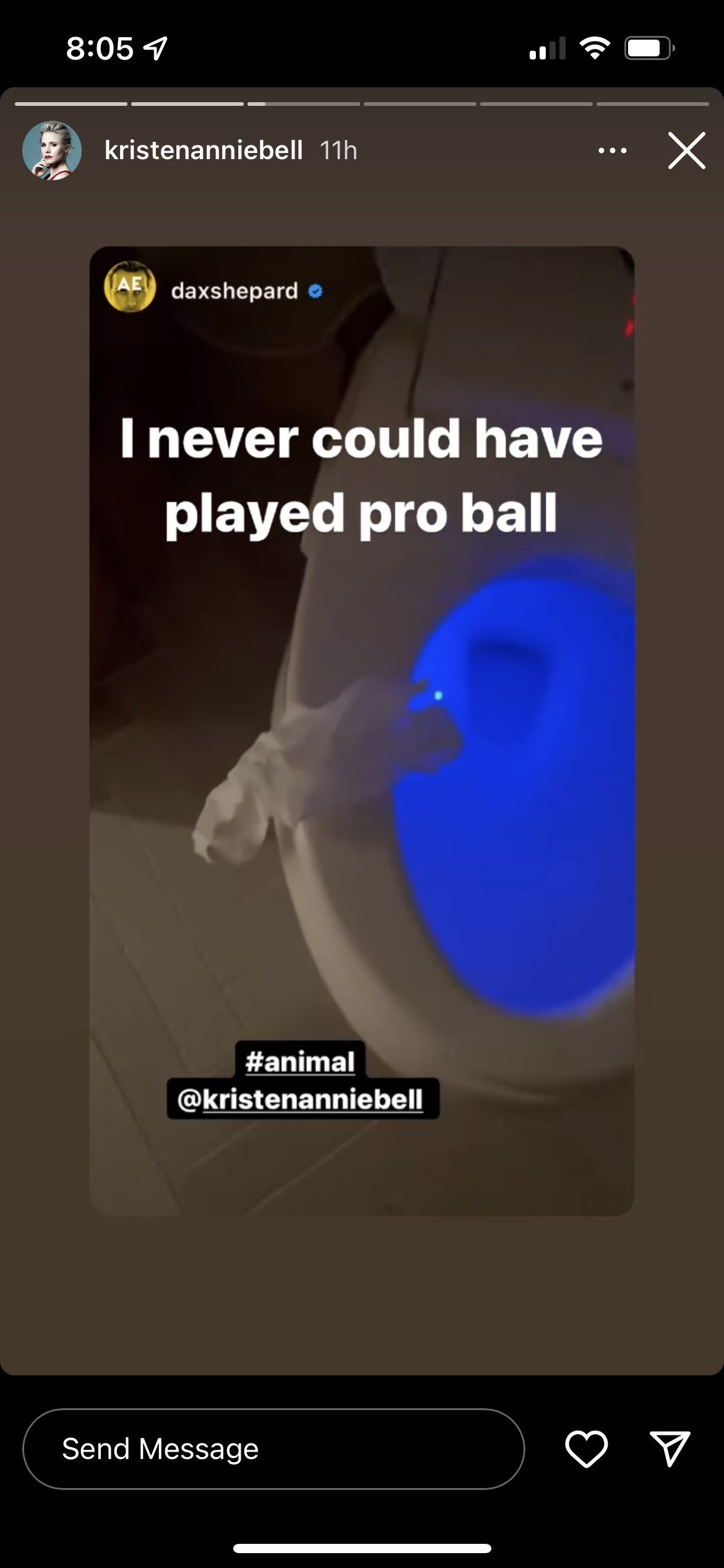 Screenshot of Kristen&#x27;s IG story with the text &quot;I never could have played pro ball&quot; over the image from Dax&#x27;s IG story of paper on a toilet seat