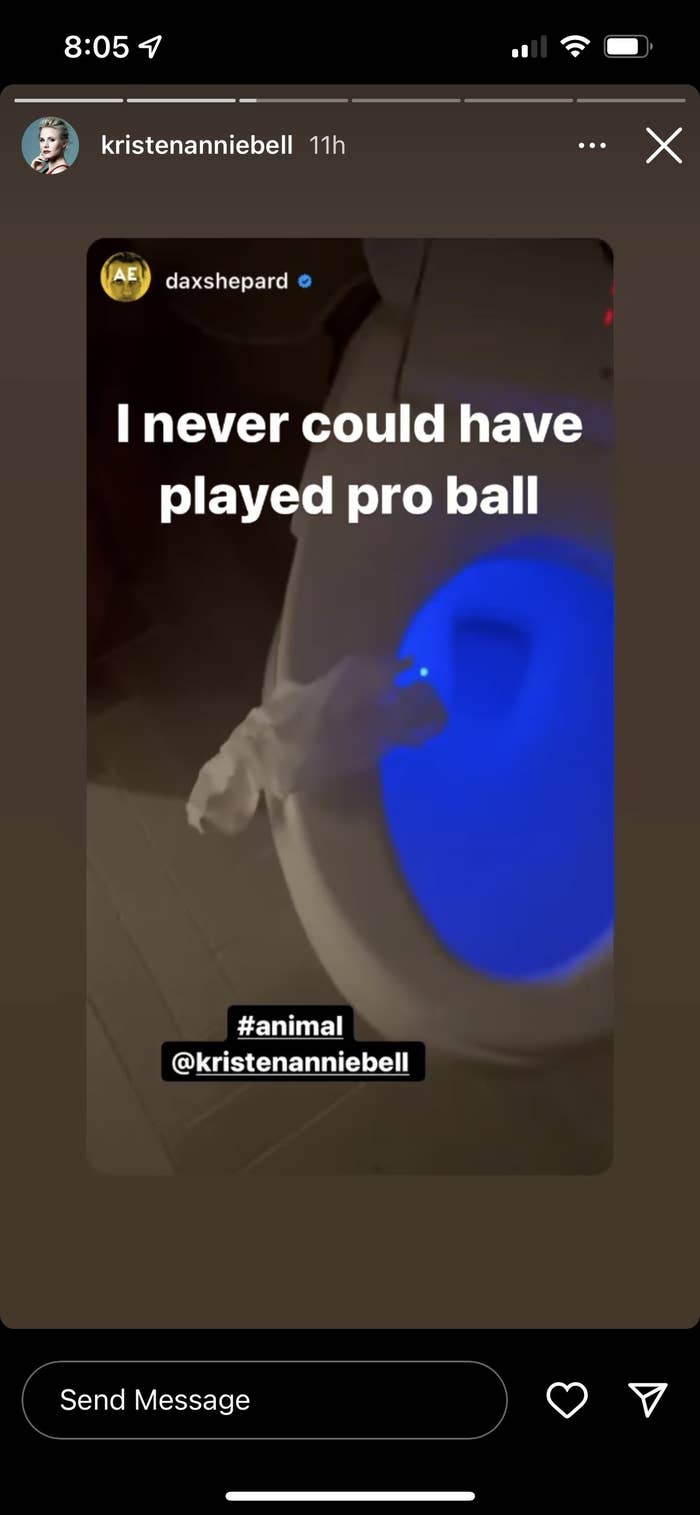 Screenshot of Kristen&#x27;s IG story with the text &quot;I never could have played pro ball&quot; over the image from Dax&#x27;s IG story of paper on a toilet seat