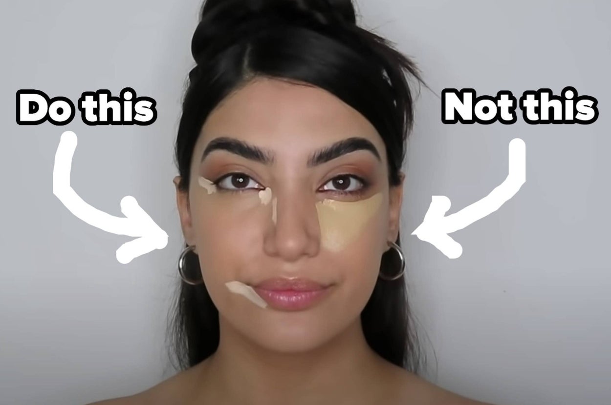 woman with concealer on her inner eye, outer eye, and nose and bottom lip on one side labeled "do this" and just a triangle of concealer on the other labeled "not this"