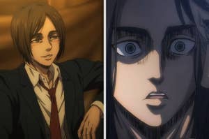 On the left is an image of Eren flushed from having a few drinks with friends and on the right is an unhinged Eren convincing his father to kill the royal family