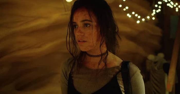 A close up of Phoebe Atwell as she's covered in blood