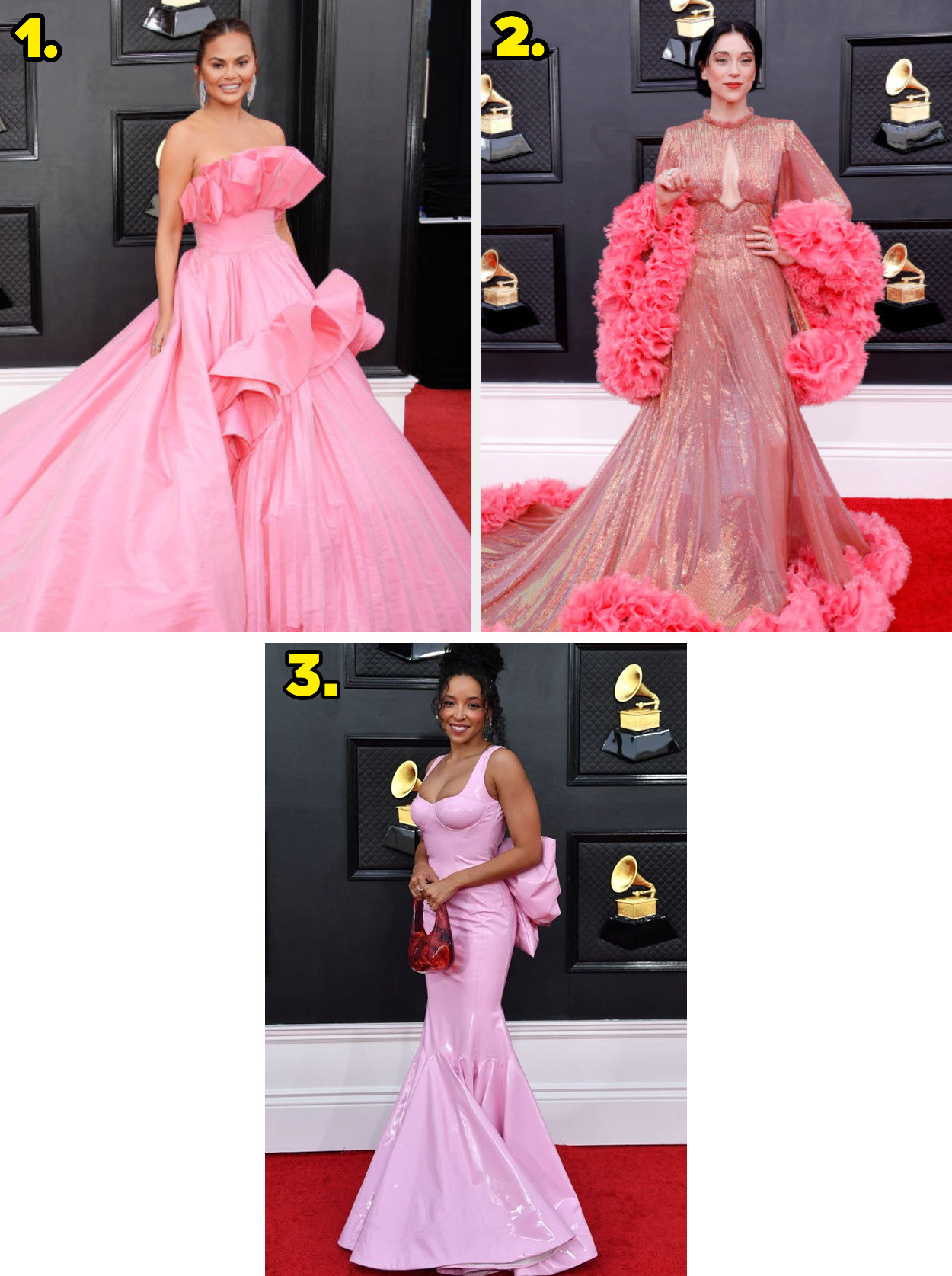 1. A ball gown with a huge ruffling detail on the bodice. 2. A sparkling gown with feathers at the ends of the sleeves and at the trim of the skirt. 3. A sleeveless trumpet-style gown with a huge bow on the back.