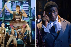 A member from Newsies is jumping on the left with another from Hamilton on the right