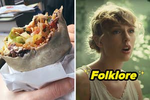 On the left, someone holding a burrito with bites taken out of it, and on the right, Taylor Swift singing in the Cardigan music video labeled Folklore