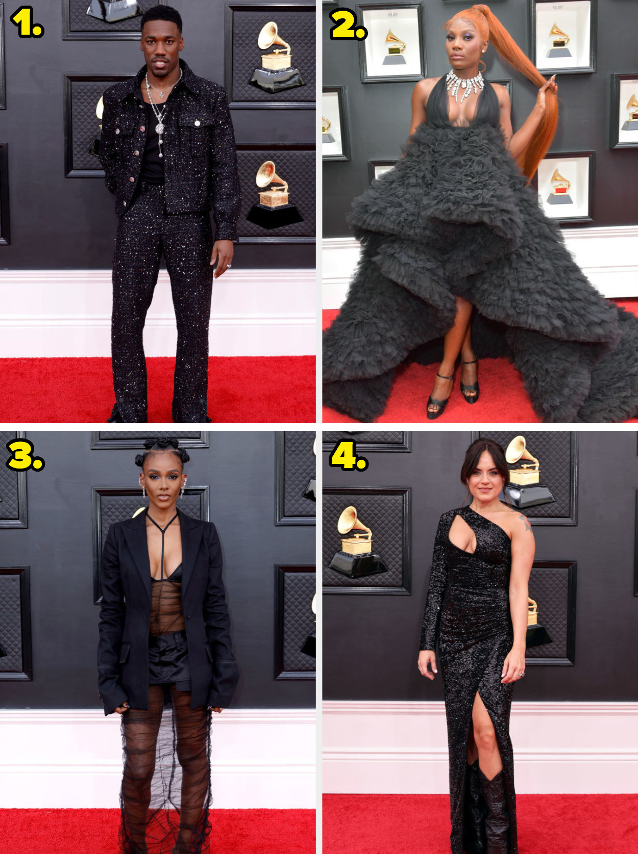 1. A printed suit with long necklaces. 2. A halter dress with a huge poofy asymmetrical skirt. 3. A sheer ruched dress with a blazer on top. 4. A glittery one-shoulder gown with a cutout by the shoulder and a thigh slit.